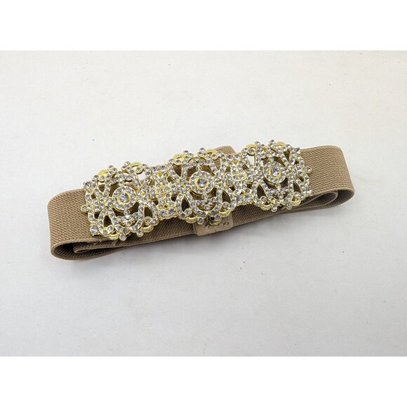 Waist Belt Women's M/L Metal Gold Rhinestone Elastic Snap Closure Tan Y2K glam - Picture 1 of 13